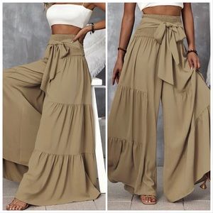 Shirred Waist Tie Front Ruffle Hem Wide Leg Pants